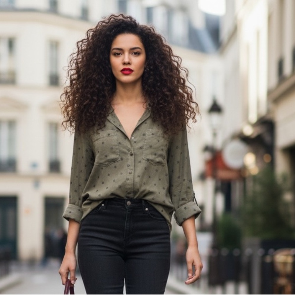 Standard Grace Olive Green Star Button Front Utility Shirt Size M